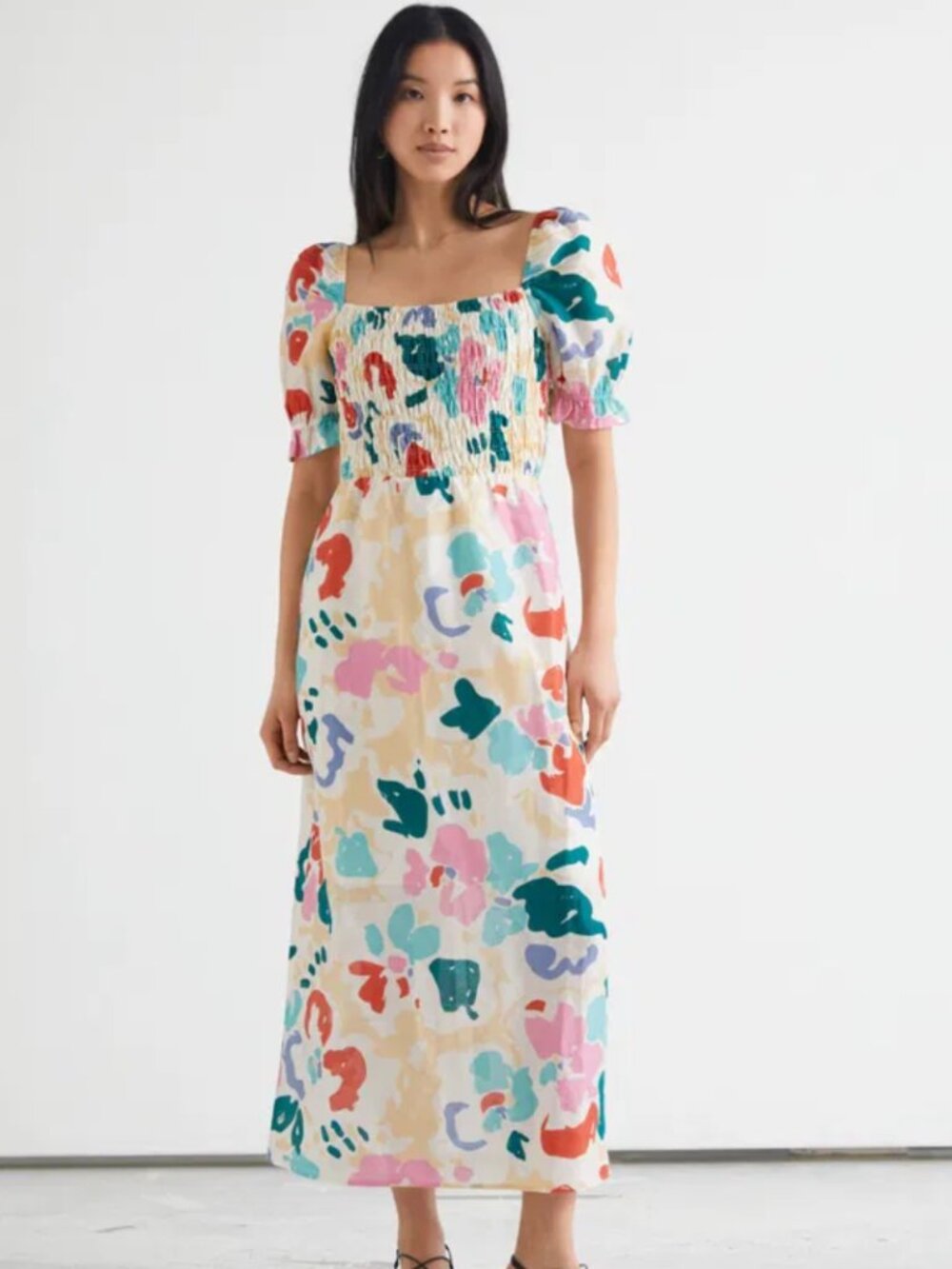 & Other Stories Abstract Printed Puff Sleeve Midi Dress